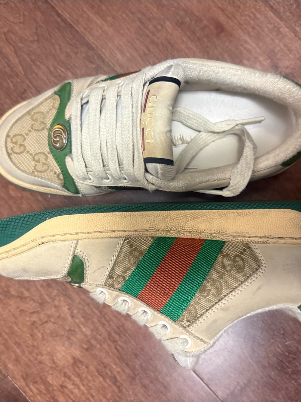 Gucci Beige Canvas Sneakers with Green and Red Web Stripe